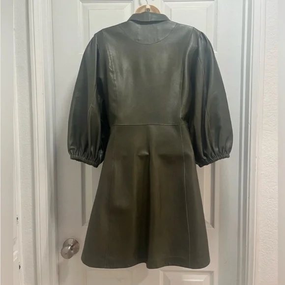 GANNI Leather Olive Green Meranti Puffed
Sleeve Dress Goddess - Size 38 EU/ 8 US - Picture 11 of 14